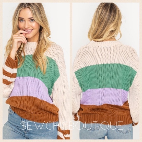 Striped Accent Drop Shoulder Sweater - Picture 1 of 8
